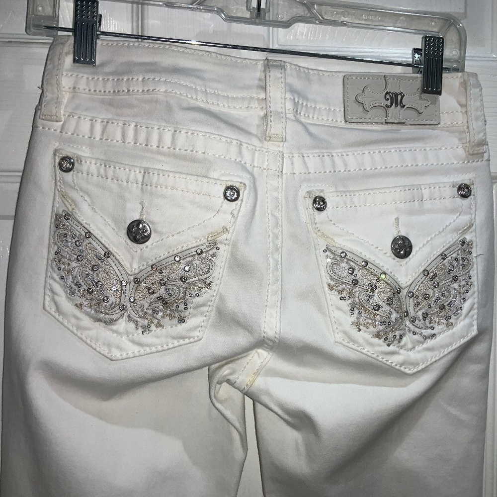 Miss Me Hailey Skinny white denim jeans Sz 25 faux flap embellished back pockets